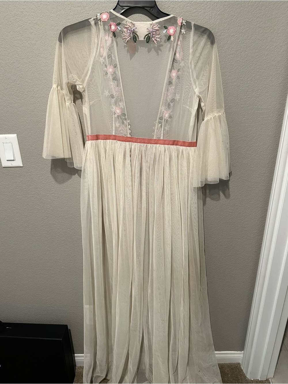 BHLDN Ivory Sheer Floral Embroidered Mesh Robe with Pink Accents - Picture 2 of 3
